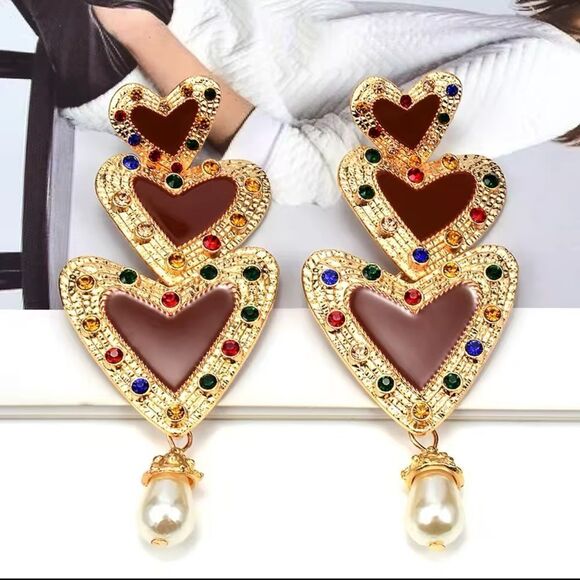 Bold Multi-Heart Statement Earrings with Colorful Gems and Pearl Drop - Picture 1 of 7